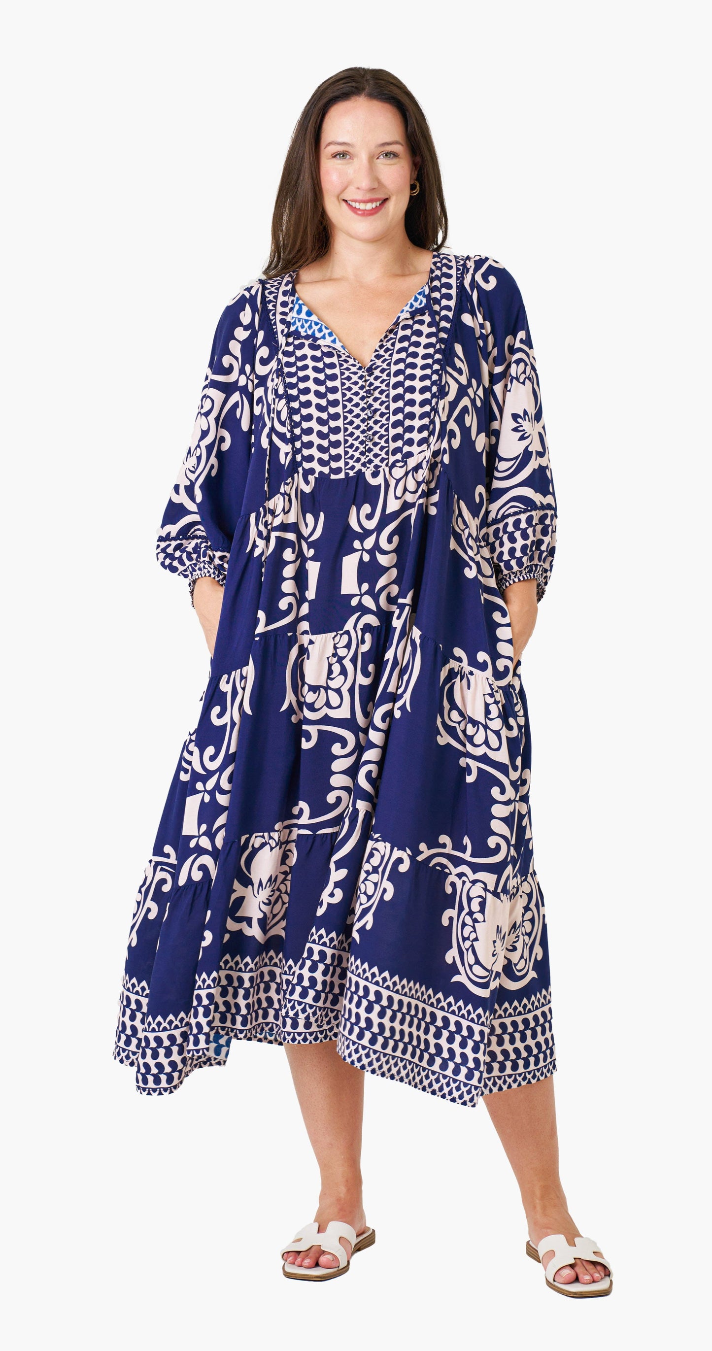 Close-up of the sleeve and border print on the Sapphire Boho Midi Dress.