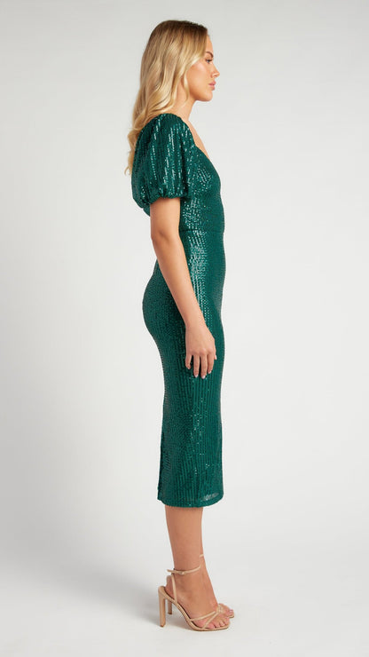 The Hollywood Glam Midi Dress - Emerald Green & Champagne