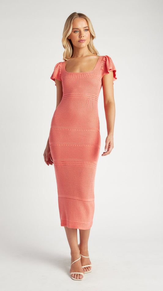 The Coral Breeze Crochet Midi Dress